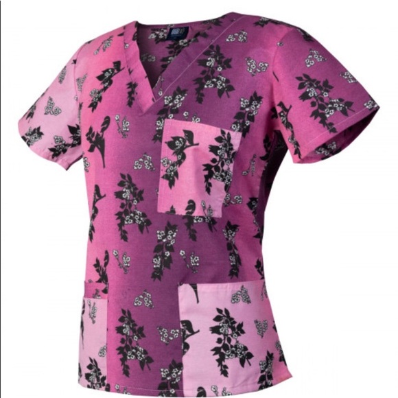 👕3/$25 Women Scrubs Top Printed V-neck 4-Pockets - Picture 2 of 3